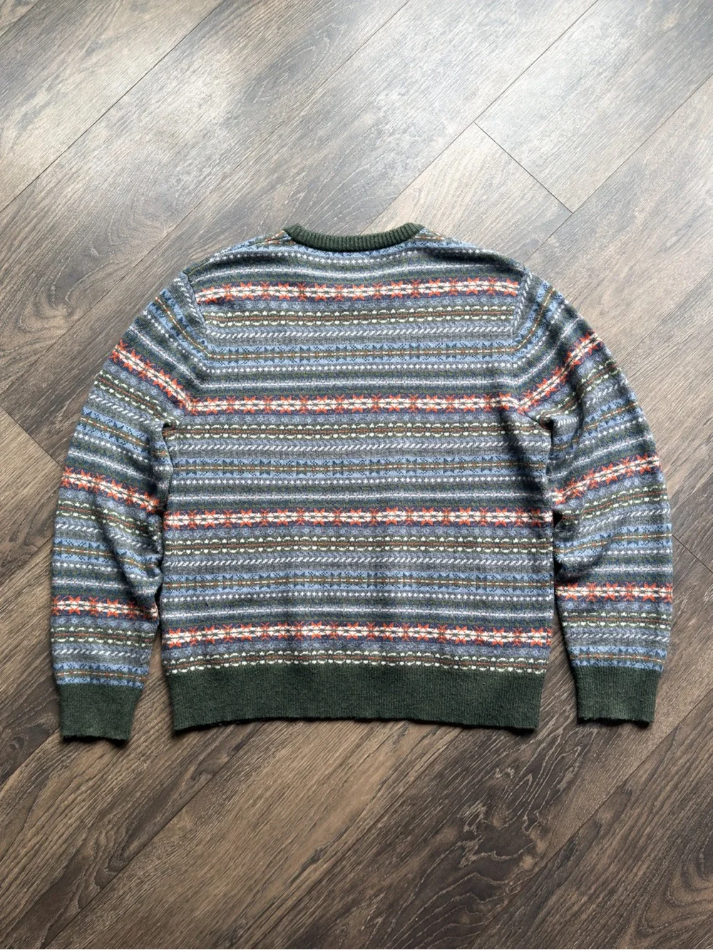 J.Crew Men’s XL Fair Isle Sweater Lambswool Blend Green Blue Orange Crewneck
